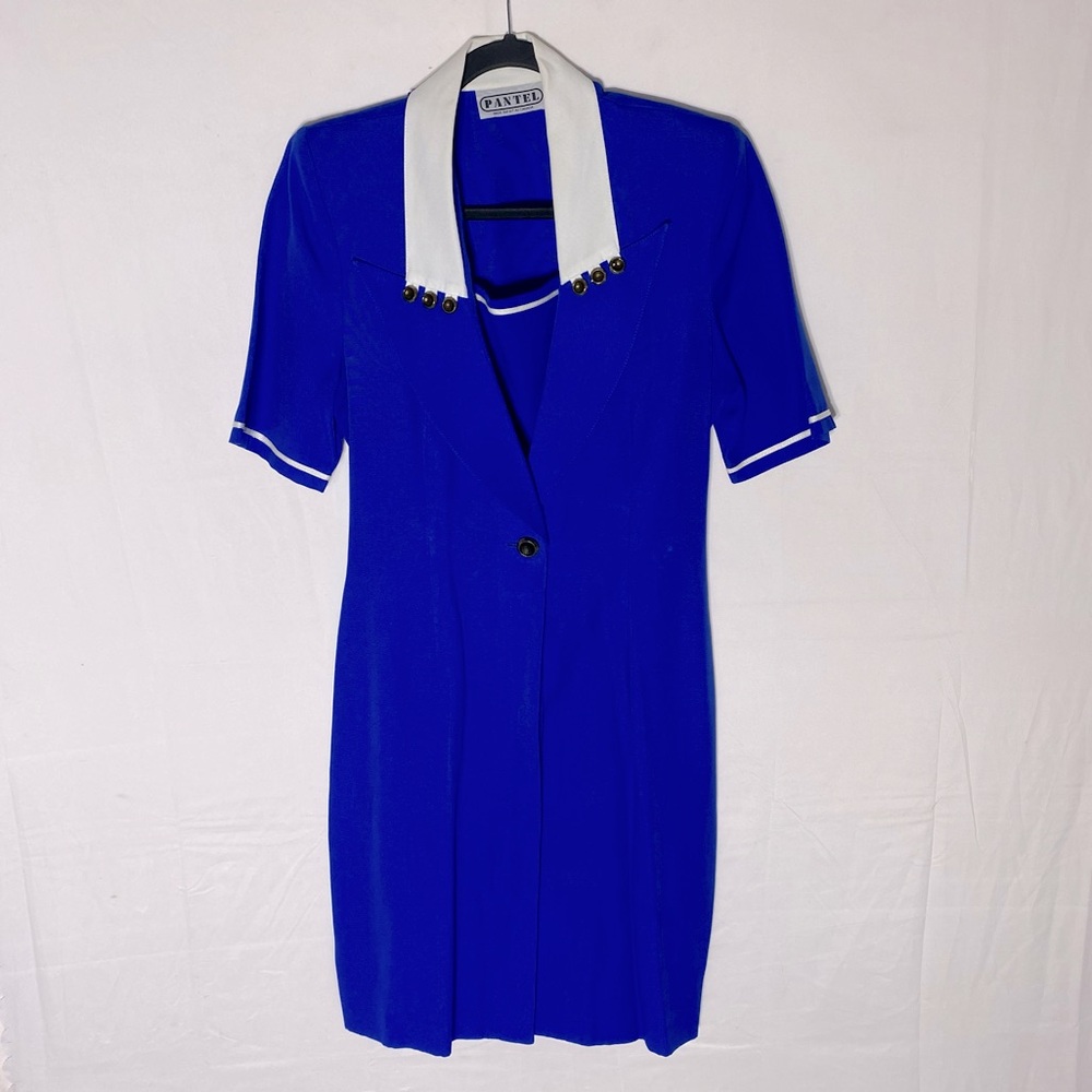 Vintage Pantel Blue White Button Front Short Sleeve Dress M Secretary Librarian
